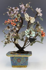 Chinese Cloisonne Jade Bonsai Tree.