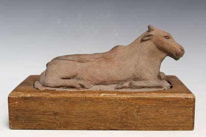Pottery Bull Figure on Wood Stand