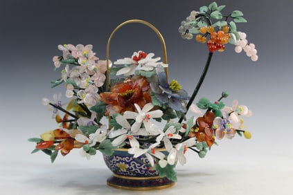 Chinese Cloisonne Stone Flowers Basket