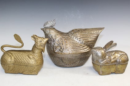 Three Asian Silver Tone Animal Boxes