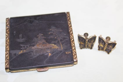 Japanese Komai Style Mixed Metal Gold/Silver Case and Pair of Earrings.