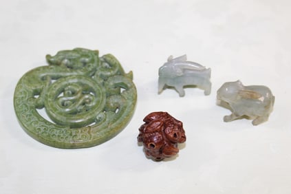 Chinese Stone Pendant and Two Carved Jade Figurines