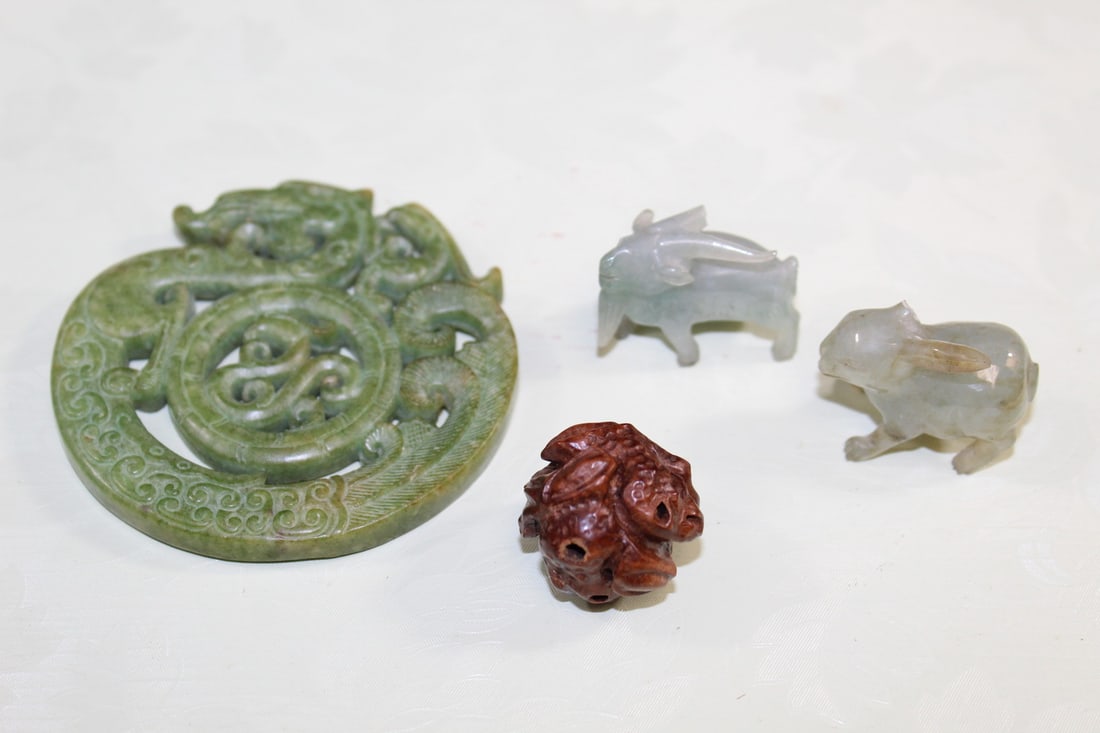 Chinese Stone Pendant and Two Carved Jade Figurines: Chinese Stone Pendant and Two Carved Jade Figurines. As Is. Pendant diam 2.5".