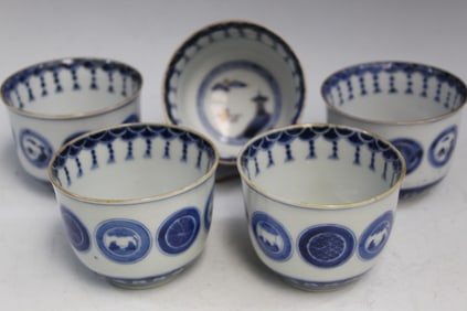 Five Japanese Blue and White Porcelain Cups