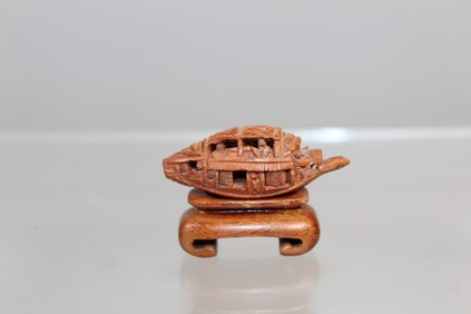Chinese Carved Nut Boat on Wood Stand