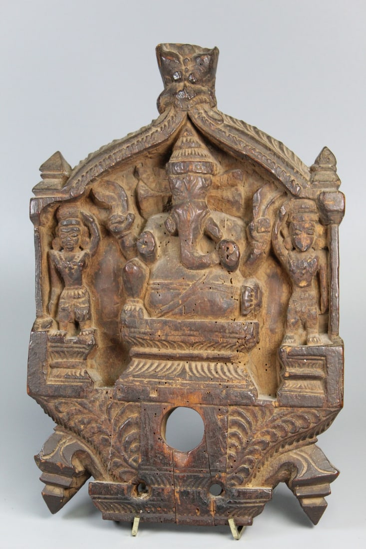 Antique Indian Carved Wood Temple Plaque: Antique Indian Carved Wood Temple Plaque. 12x8x1.5".
