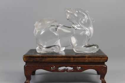 Chinese Carved Rock Crystal Qilin Figurine on Wood Stand