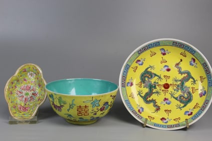 Three Chinese Yellow Glazed Famille Rose Porcelain Items