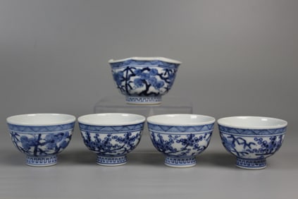 Five Chinese Blue and White Porcelain Tea Cups