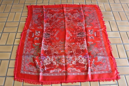 Chinese Red Silk Brocade Table Cloth
