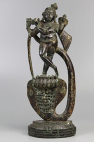 Indian Carved Wood Figure of Krishna Dancing on Snake