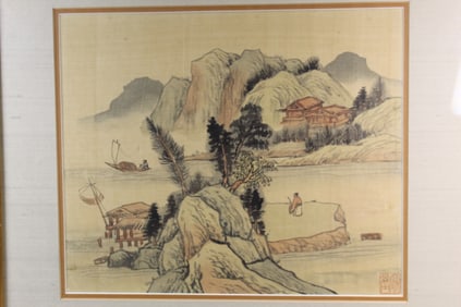 Chinese Ink and Watercolor Painting on Silk of Mountain and River Scene