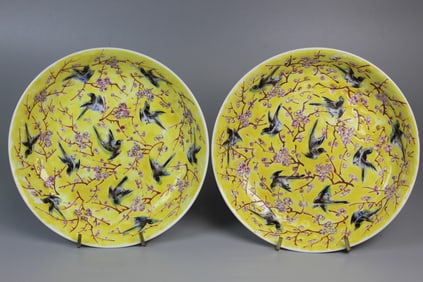Pair of Chinese Yellow Glazed Famille Rose Magpies on Plum Flowers Dishes