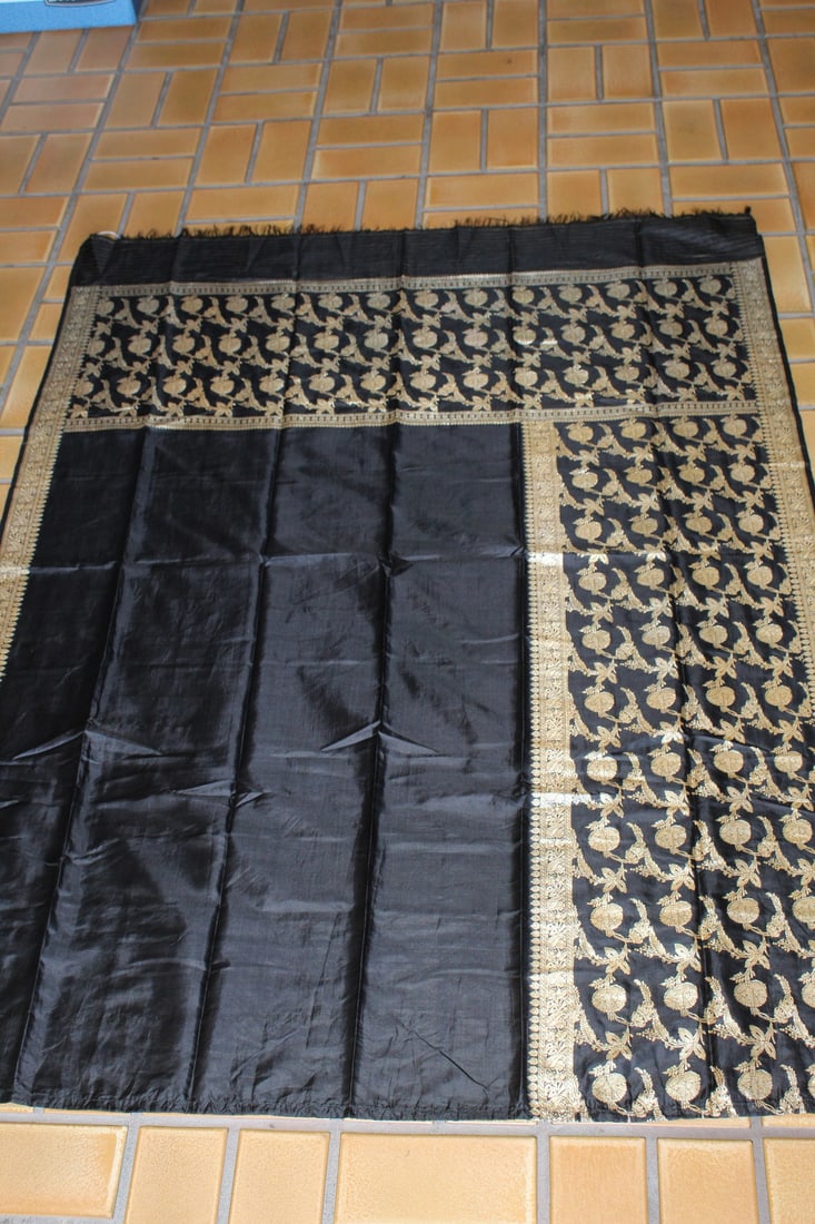 Golden Thread on Black Ground Silk Sari: Golden Thread on Black Ground Silk Sari. 59x44".
