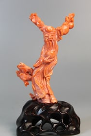 Chinese Carved Red Coral Figure of Shoulao on Wood Stand