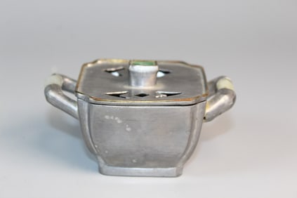Chinese Pewter Incense Cup with Jade Handles