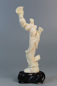 Chinese Carved Pink Coral Figure on Wood Stand