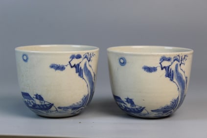 Pair of Chinese Blue and White Porcelain Cups