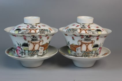 Pair of Chinese Famille Rose Porcelain Tea Cups with Floral Decorations.