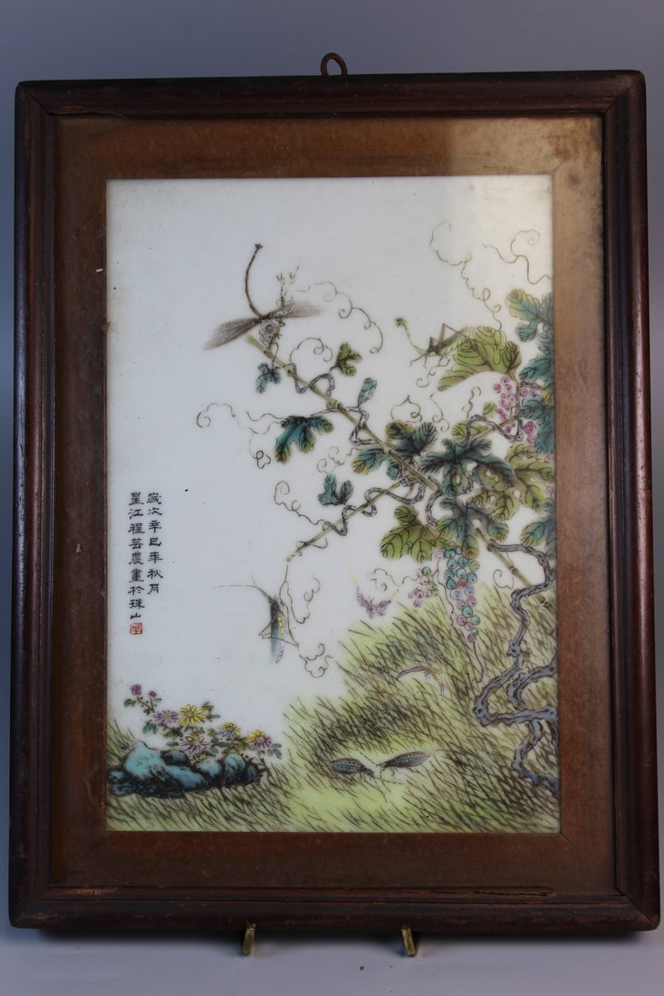 Chinese Hand-painted Famille Rose Porcelain Plaque with Flowers and Bugs Decorations: Chinese Hand-painted Famille Rose Porcelain Plaque with Flowers and Bugs Decorations. 9x6.5". Frame 12x9".