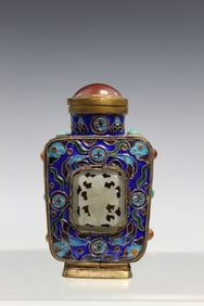 Chinese Enamel Snuff Bottle with White Jade Inlay