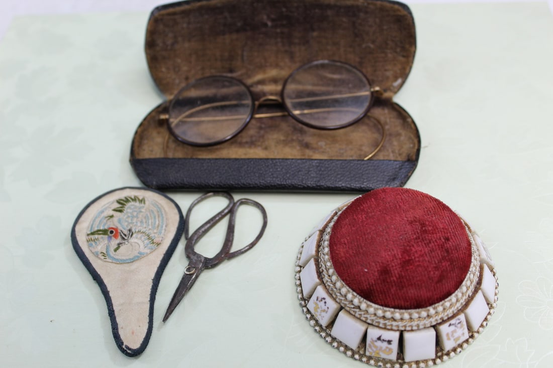 Chinese Scissors, Pin Holder and an Vintage Glasses: Chinese Scissors, Pin Holder and an Vintage Glasses. L of glasses case 5".