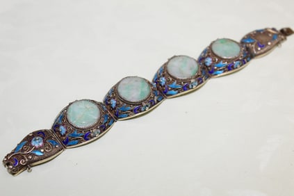 Chinese Silver Bracelet with Jadeite Inlay