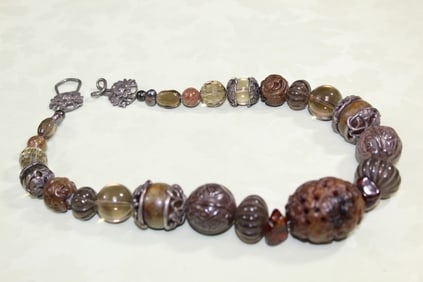 Chinese Silver and Jade Beaded Necklace.