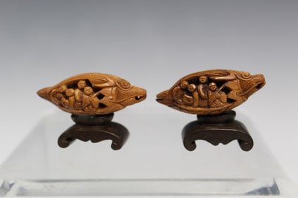 Two Chinese Carved Fruit Pits of Dragon Boats