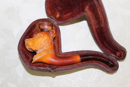 Carved Amber Smoking Pipe in the Shape of a Dog Head