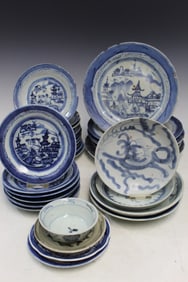 Large Group of Chinese Blue and White Porcelain Dishes
