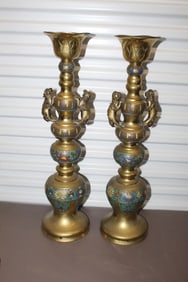 Pair of Tall Japanese Brass Candle Holders