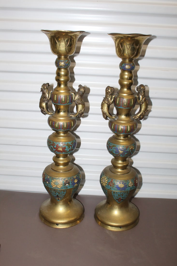 Pair of Tall Japanese Brass Candle Holders