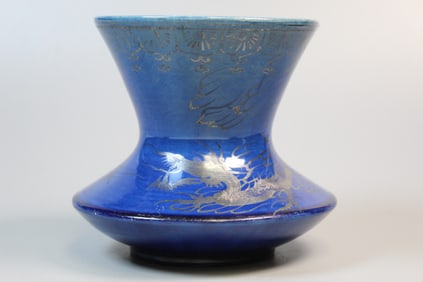 Japanese Blue Glazed Vase with Silver Dragon Decoration