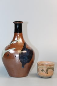 Japanese Glazed Pottery Vase and Tea Cup
