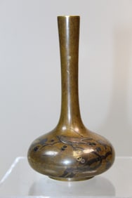 Japanese Bronze Small Vase with Gold and Silver Inlay Decoration