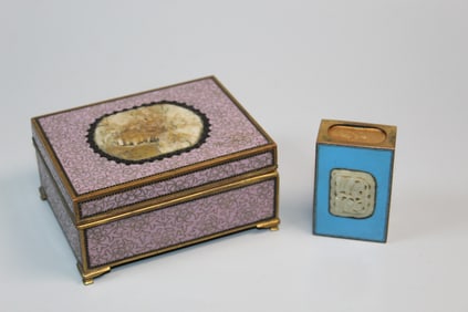 Yamanaka & Co Cloisonne Box and a Cloisonne Match Box with Carved Jade Inlay
