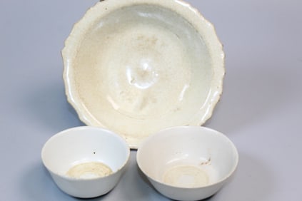 Three Chinese Antique White Glazed Cups and Dish