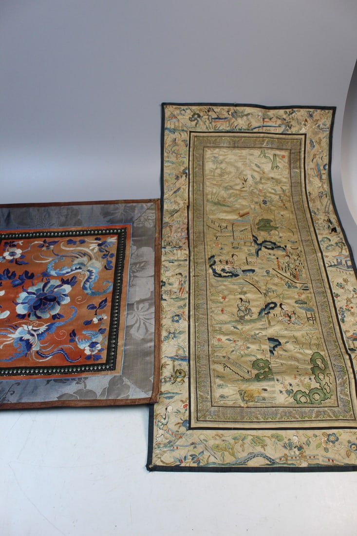 Two Pieces of Chinese Silk Embroidery: Two Pieces of Chinese Silk Embroidery. L 27".