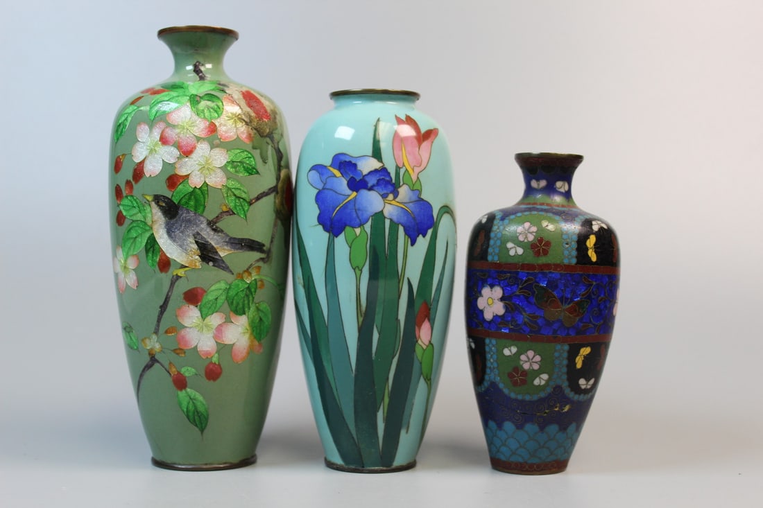 Three Japanese Cloisonne Vases: Three Japanese Cloisonne Vases. Tallest H 7.25"