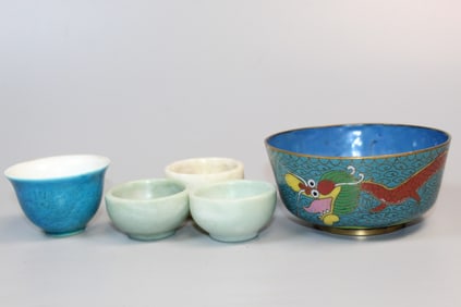 Five Asian bowls and cups