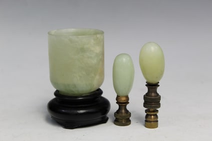 Chinese Jade Cup and Two Jade Finials