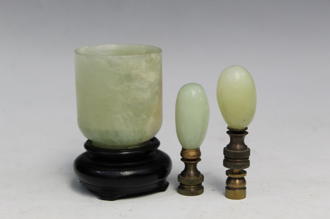 Chinese Jade Cup and Two Jade Finials: Chinese Jade Cup and Two Jade Finials. Cup H 2".