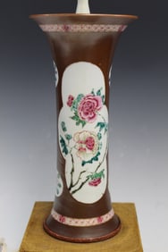 Chinese Export Brown Glazed Famille Rose Porcelain Vase Lamp