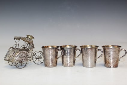 Chinese silver Cups and a Filigree Figurine