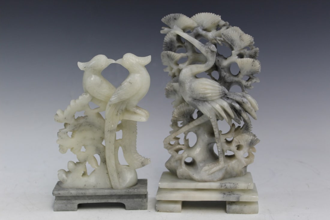 Two Chinese Carved Soapstone Bird Statues (1 of 4)