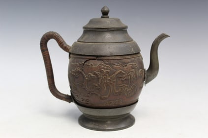 Chinese Carved Coconut Shell Pewter Teapot