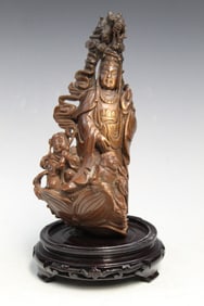 Chinese Goldstone Carving of Guanyin and Attendants.