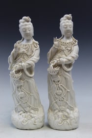 Pair of Chinese Blanc de Chine Porcelain Guanyin Statues