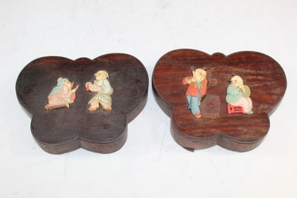 Two Chinese Wood Boxes with Carved Bone Decorations